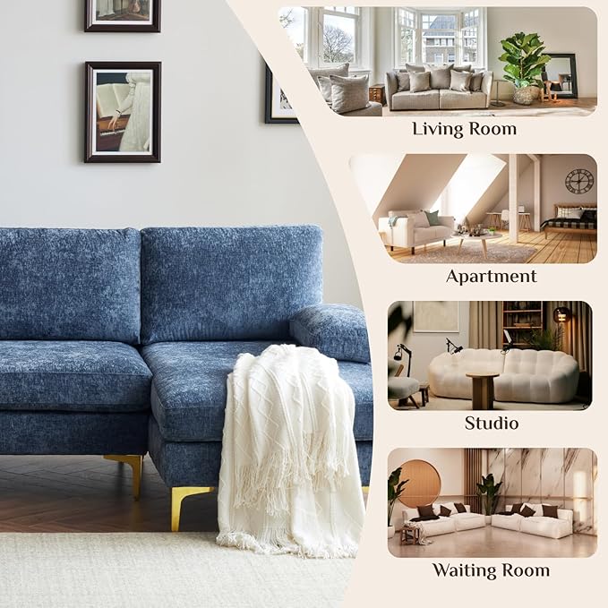 Karl home 110 Sectional Sofa U-Shaped 4-Seat Couch with Chaises Chenille Fabric Upholstered for Living Room Apartment Office Dusty-Blue
