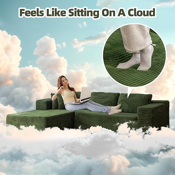 HOMREST 106 Cloud Sectional Couch with Chaise Lounge L-Shape Modular Sectional Boneless Sofa with Deep Seat Upholstered Couches for Living Room Bedroom No Assemble Green (Plush Corduroy Fabric)