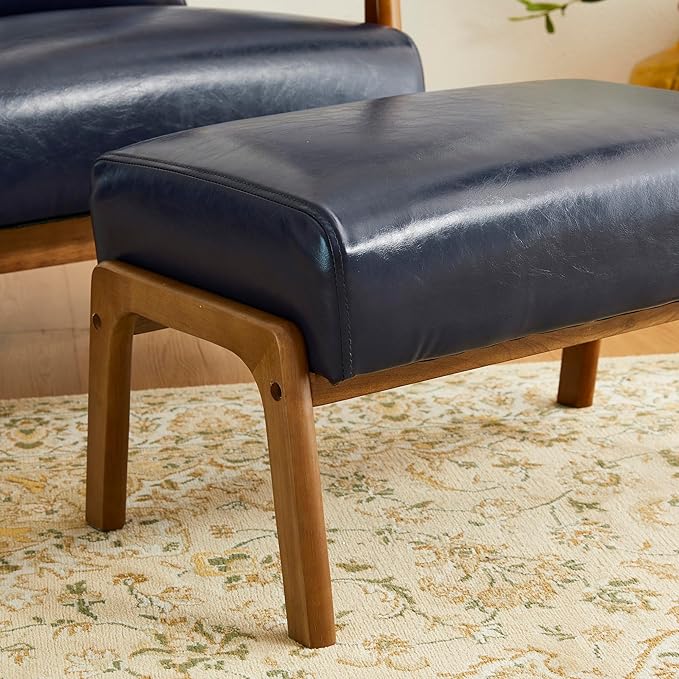 Glitzhome Accent Chair and Foot Stool Set Leatherette Armchair with Walnut Rubberwood Legs and High Back Footrest Ottoman for Living Room Lounge Navy Blue