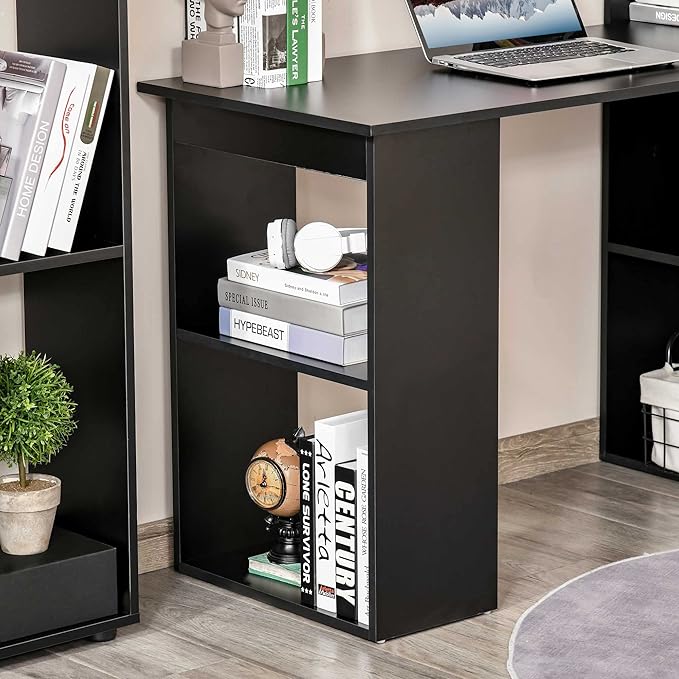 Modern Home Office Desk with 6 Tier Storage Shelves 47 Writing Table with Bookshelf Black