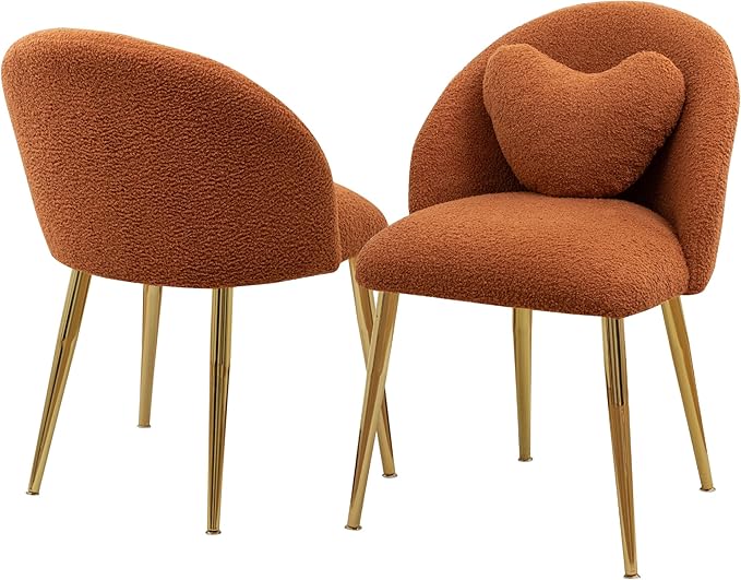 Vanity ChairAccent Makeup Comfy Cute Desk Girls Fluffy Chairs for Bedroom No Wheels Gold Metal Legs Stool (Teddy Brown)