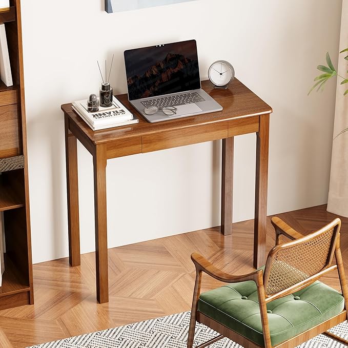Solid Wooden Desk with Drawers - 32 x 16 Inch Narrow Desks Rubberwood Mid Century Modern Desks Small Writing Desk for Bedroom|Small Spaces - Walnut Color