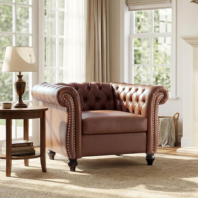Mid-Century Modern Club Chair with Scrolled Arms Tufted Upholstered Rolled Armchair with Nailhead Trim and Solid Wood Legs for Home Bedroom Reading Room (Brown87)