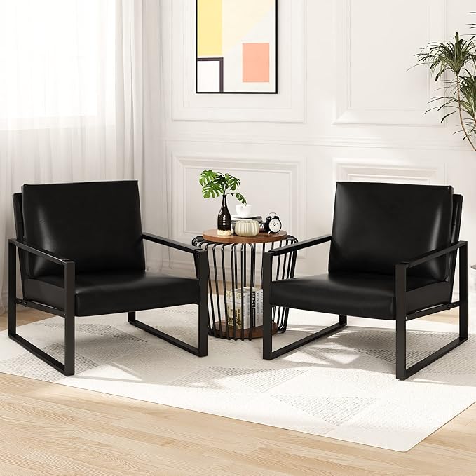 AWQM Leather Accent Chair Set of 2 Sofa Chair with Extra-Thick Padded Backrest and Seat Cushion Single Sofa for Living Room Bedroom Black Metal Frame 105 Degree Slant Back Black (ETSF-01BK-02)