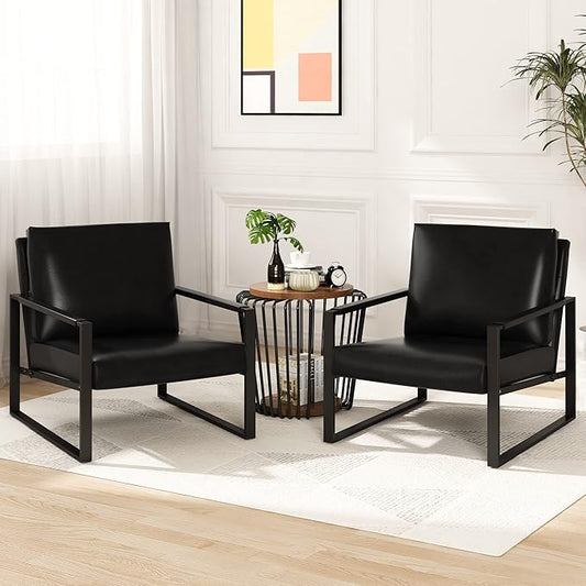 AWQM Leather Accent Chair Set of 2 Sofa Chair with Extra-Thick Padded Backrest and Seat Cushion Single Sofa for Living Room Bedroom Black Metal Frame 105 Degree Slant Back Black (ETSF-01BK-02)