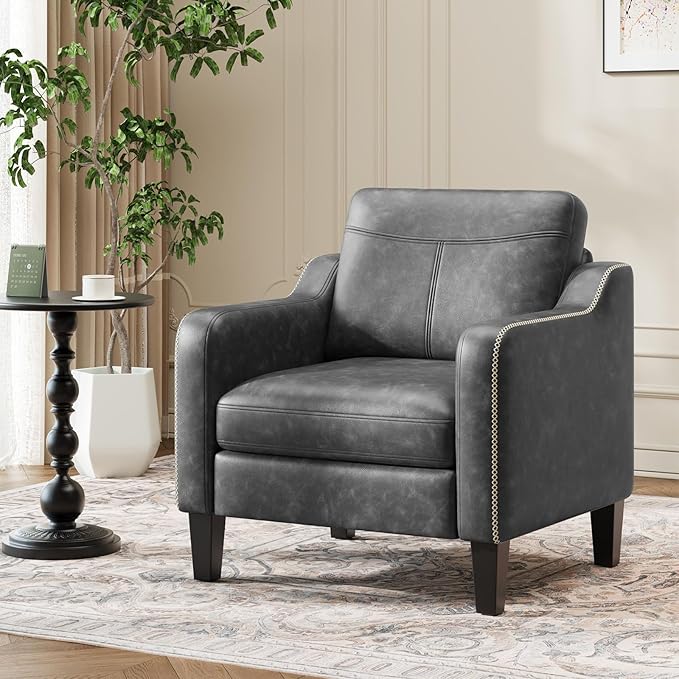 PU Leather Accent Chair Set of 2 Mid-Century Modern Living Room Armchair Sofa with Removable Cushions Solid Wood Frame &amp Stitched Armrest Design Bedroom Chair with Plastic Legs Black