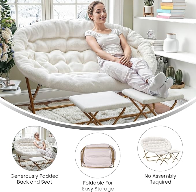 Flash Furniture Eleanor Portable Double Saucer Chair with 2 Ottomans Folding Steel Frames for Dorm or Bedroom 56 Ivory Faux Shearling/Soft Gold Frame