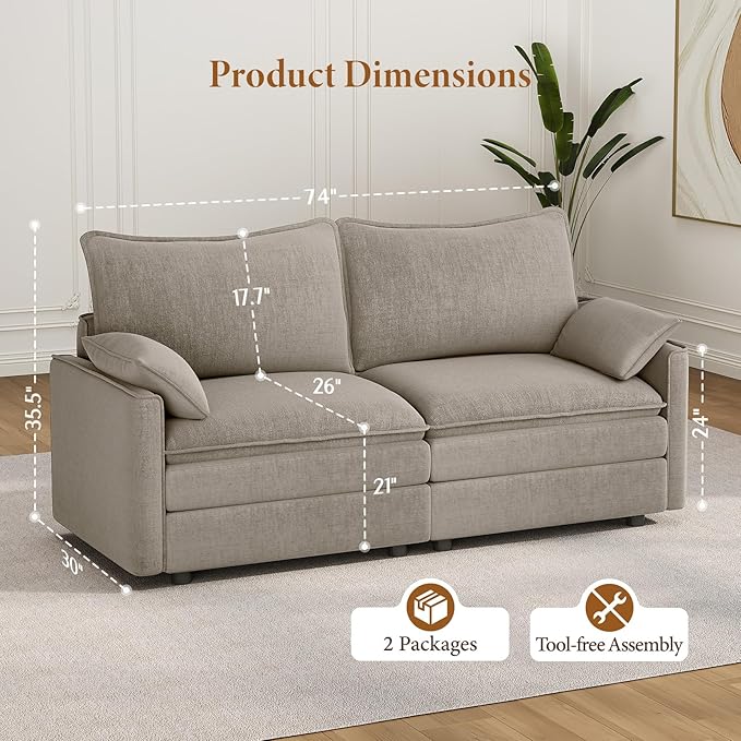 Vesgantti 74 Loveseat Sofa for Living Room Comfy Cloud Couch Deep Seat Chenille Modern 2 Seater Small Sofa with Armrest Pillow Easy Assembly for Small Spaces Light Brown