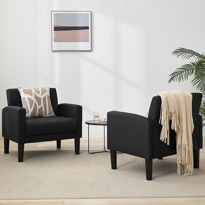 TYBOATLE Accent Chair Comfy Living Room Chair Black Leather Tufted Mid Century Modern Accent Chairs Small Cozy Reading Arm Chair for Office Bedroom (1 Black)