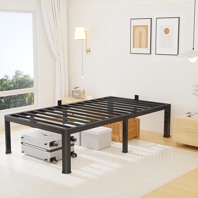 16 Inch Twin Size Metal Platform Bed Frame with Round Corners Storage Space Under High Bed Frame-Heavy Duty Steel Slats Support Noise Free - Easy Assembly - No Box Spring Needed