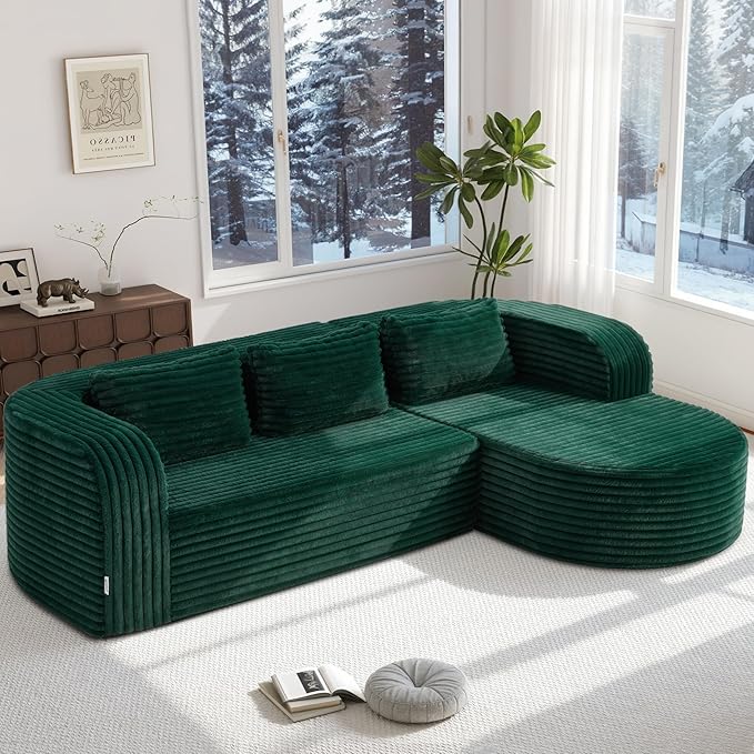 Hobestluk 96 Cloud Sectional Couch Modern Boneless Couch 3 Seater with Oversized Chaise L Shaped Modular Sofa Couches for Living Room Apartment No Assembly Required (Stripe GreenRight Facing Chaise)