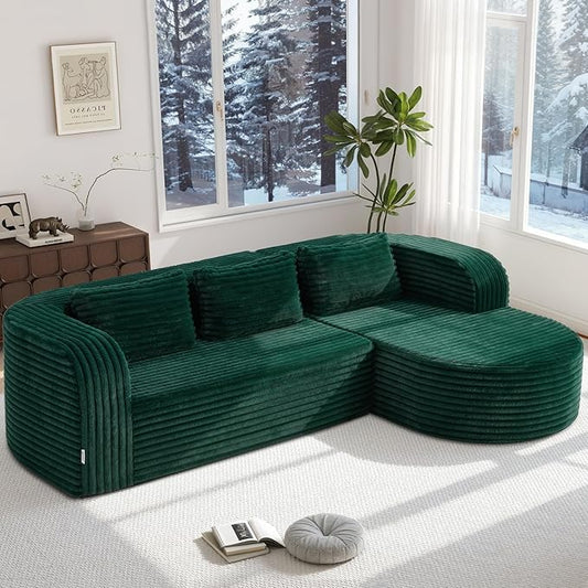 Hobestluk 96 Cloud Sectional Couch Modern Boneless Couch 3 Seater with Oversized Chaise L Shaped Modular Sofa Couches for Living Room Apartment No Assembly Required (Stripe GreenRight Facing Chaise)