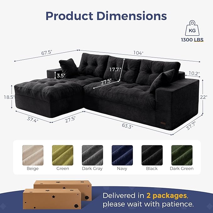 MAXYOYO 104 L Shaped Modular Sectional Sofa with Ottoman Cloud Boneless Couch with Layered Cushion Upholstered Sofa in a Box Flexible Module Combination for Living Room No Assembly Black