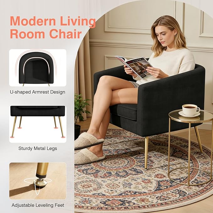 Velvet Accent Chair Set of 2 Modern Barrel Armchair with Gold Legs Upholstered Club Chairs for Living Room/Bedroom/Guest Reception Black