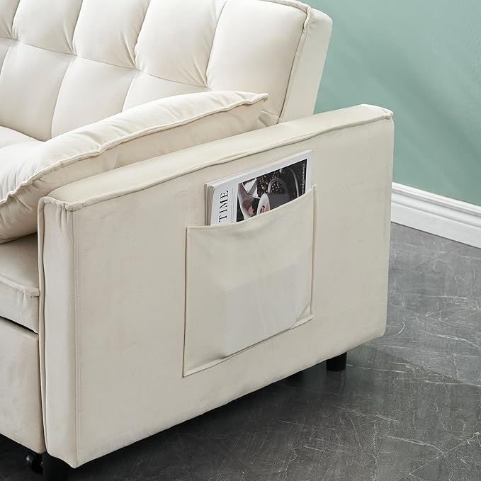 3 in 1 Convertible Sofa BedModern Velvet Loveseat Sleeper Sofa Bed with Adjustable Backrest Storage Pockets and PillowsSuitable for Living RoomGuest RoomBeige