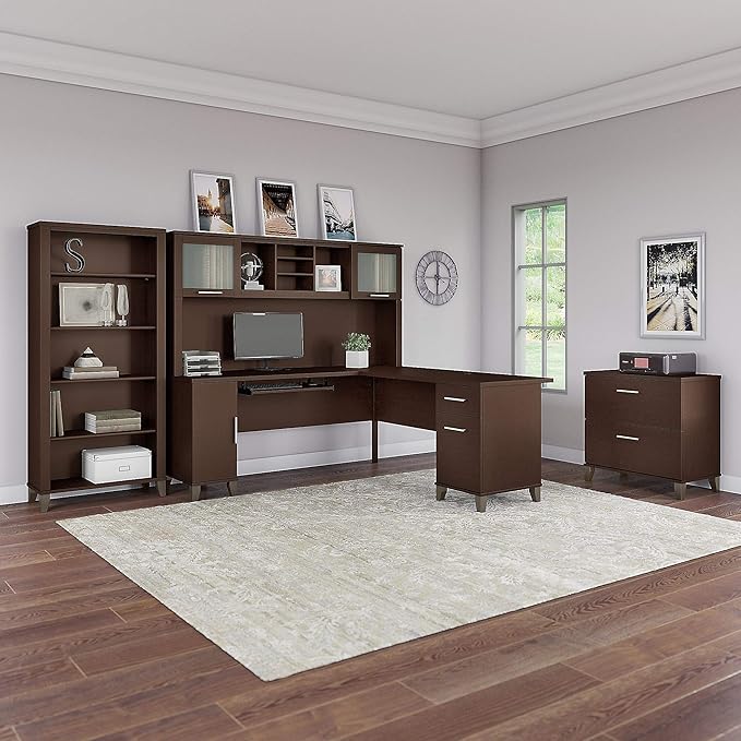 Bush Furniture Somerset 72W L Shaped Desk with Storage in Mocha Cherry 72-inch Large Corner Computer Table for Home Office Workspace