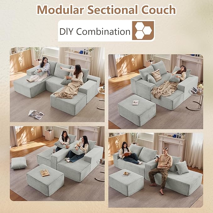 107 Modular Sectional Sofa with Ottoman Modern Corduroy Cloud Couch with Deep Seat Boneless Couch Upholstered 3-Seater U-Shaped Sofa for Living Room No Assembly (Grey Left-Facing Chaise)