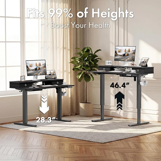 Realbear 48x24 Inch Electric Standing Desk with Drawers Height Adjustable Sit Stand Up Desk Storage Shelf Ergonomic Home Office Desk (Black 48 * 24 Inch)