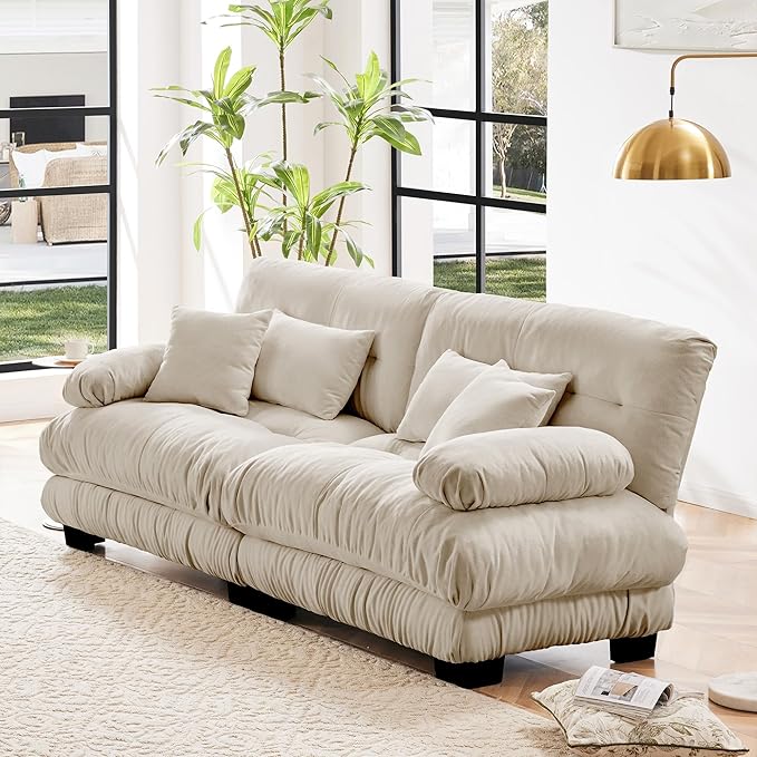 Cloud Couch 2 Seater Sofa for Living Room Chenille 2 - Seat Sofa with 2 Lumbar Pillows and 2 Throw PillowsChenille Light Coffee