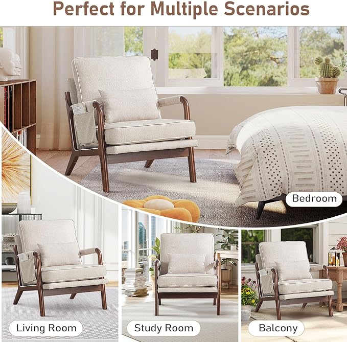 ANJ Mid Century Modern Accent Chair Lounge Reading Armchair with Extra Side Pocket &amp Detachable Cushion Comfy Fabric Accent Chairs for Living Room BedroomBeige