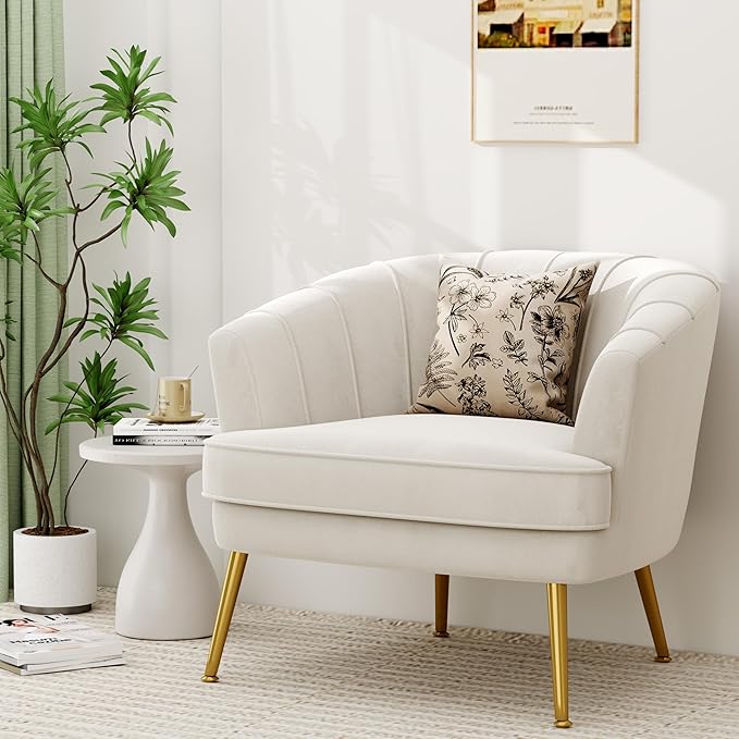 Andeworld Upholstered Velvet Accent ChairVelvet Fabric Club Barrel Chair Morden Living Room Chair for Bedroom/Reading SpacesIvory