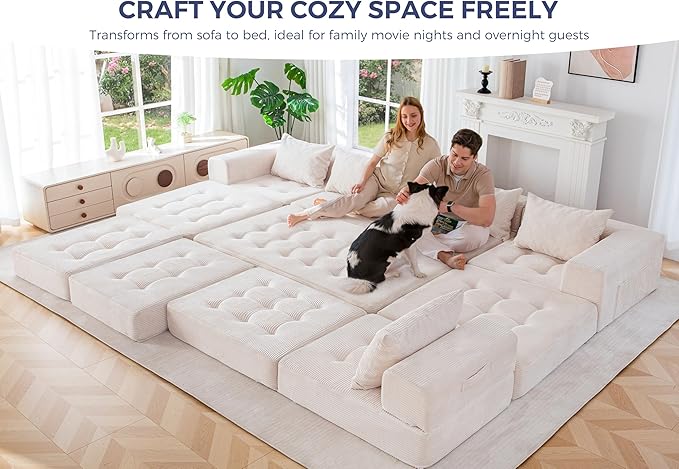 MAXYOYO Modular Sectional Sofa Couch Foldable U Shaped Cloud Couch with Pillows Tufted 7-Seat Boneless Sleeper Lounger Floor Sofa Bed for Living Room No Assembly Required Beige