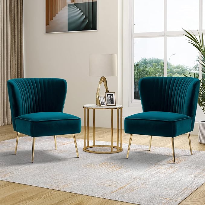 TINA'S HOME Velvet Accent Chair Set of 2 with Metal Golden Legs Upholstered Armless Slipper Chair with Wingback Mid Century Side Chair for Living Room Bedroom Makeup Vanity- Teal