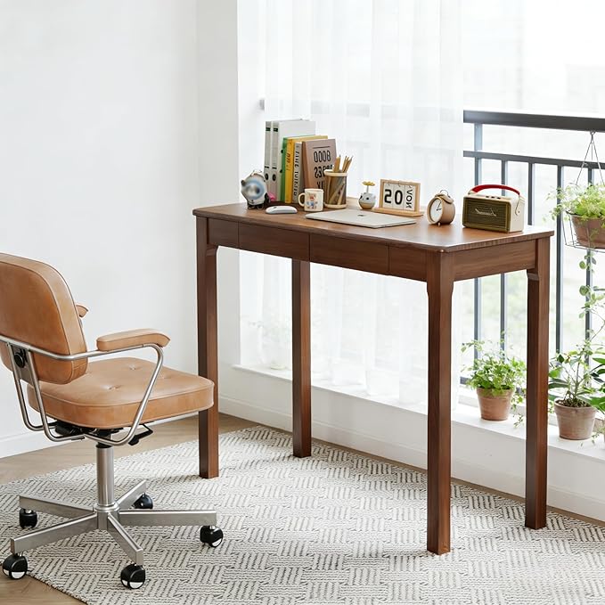 39 Inch Solid Wood Writing Desk with Drawers - Narrow Desk for Small Spaces Mid Century Modern Computer Desks Wooden Vintage Desks Study Table for Home Office Bedroom Walnut