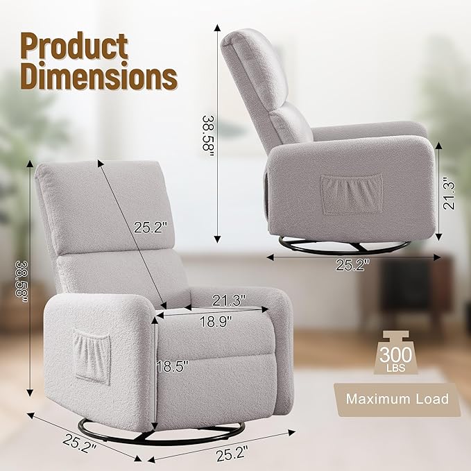 360° Rocking Chair Nursery Rocker Chair with Side Pockets Glider Nursing Chair with Steel Structure Base Small Chair for Small Spaces Sherpa Swivel Accent Chairs for Living Room Nursing