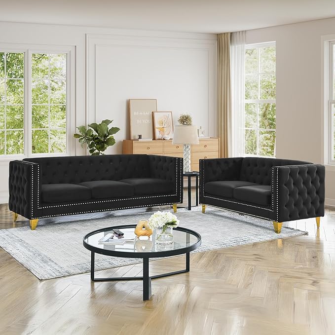 Chesterfield Sofa Set of 2 Modern Velvet Couch with Button Tufted &amp Nailhead Trim Upholstered Deep Seat Couch Comfy Sofa for Living Room Bedroom Apartment Office(58 W + 80.5 W Black)