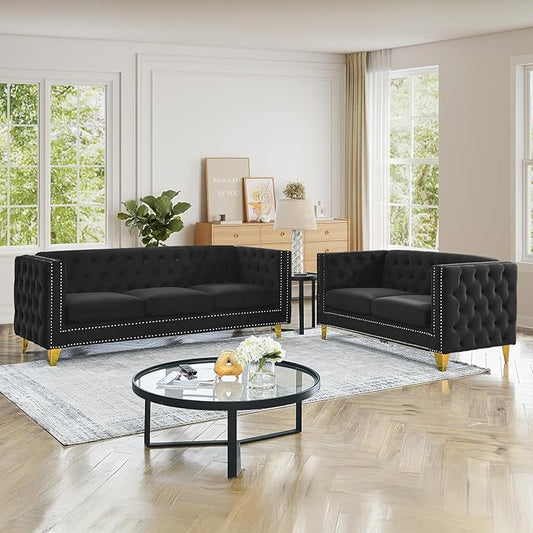 Chesterfield Sofa Set of 2 Modern Velvet Couch with Button Tufted &amp Nailhead Trim Upholstered Deep Seat Couch Comfy Sofa for Living Room Bedroom Apartment Office(58 W + 80.5 W Black)