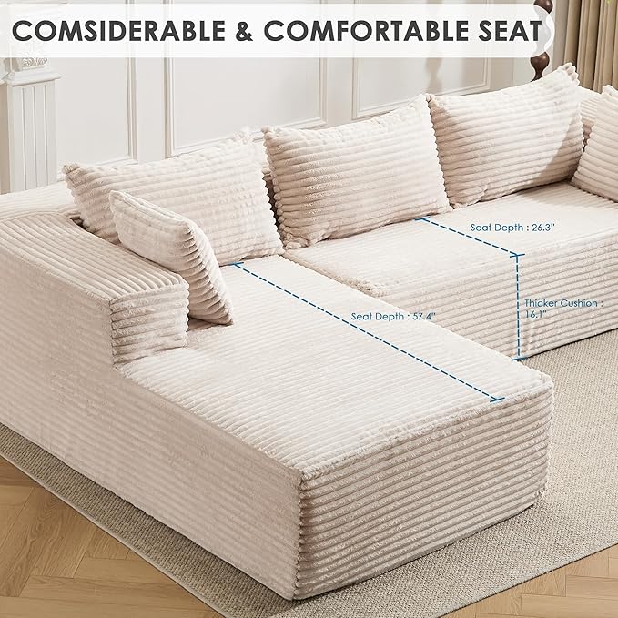 107 Cloud Couch Modular Sectional L Shaped Couch with Chaise Deep Seat Sofa Fluffy Corduroy Couches Boneless Couch for Living Room White Left Facing Chaise