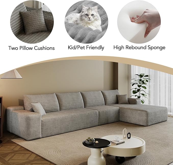 135.6 Boneless Sectional Couch Modern Modular L - Shape Corduroy Upholstered Sofa for Living Room - Deep Seat with Chaise (Grey 3 Seater+Right Facing Chaise)