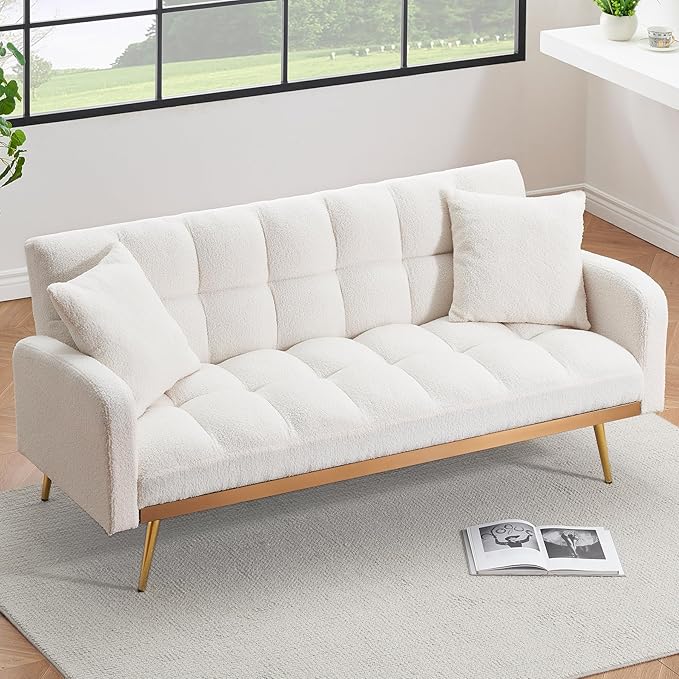 Comfy Futon Sofa Bed with 2 Pillows White Futon Couch Bed with Gold Legs Small Convertible Sofa Bed Couch for Living Room Modern Loveseat for Bedroom Curved Arms Plush Tufted-ShapedTeddy (Beige)