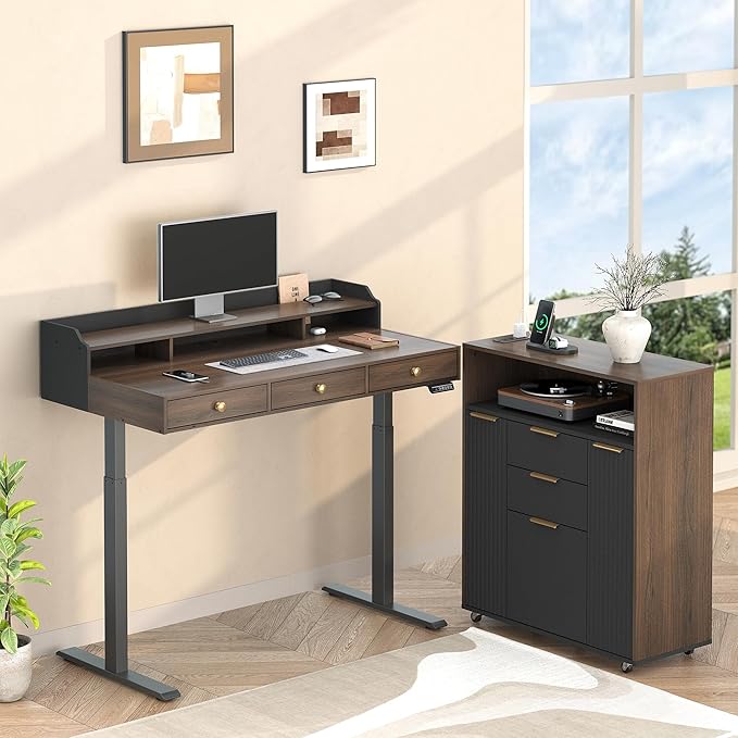 Home Office Standing Desk Set Fluted Cabinet with 3 Drawers and Door 47.2 x 26 Electric Stand Up Table with Storage Rolling Printer Stand on Wheels Mobile Black Walnut