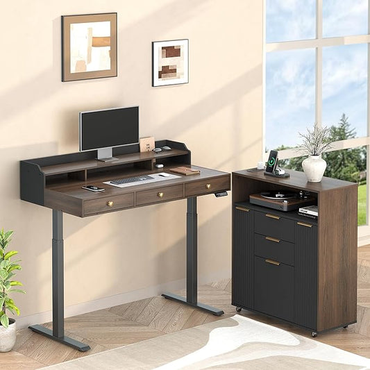 Home Office Standing Desk Set Fluted Cabinet with 3 Drawers and Door 47.2 x 26 Electric Stand Up Table with Storage Rolling Printer Stand on Wheels Mobile Black Walnut