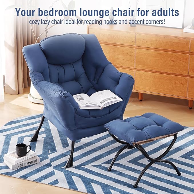 Lazy Chair with Ottoman Modern Accent Chairs with Folding Footrest Royal Blue Sofa Chair Set Comfortable Reading Chairs Oversized Armchairs for Bedroom Study Living Room Courtyard