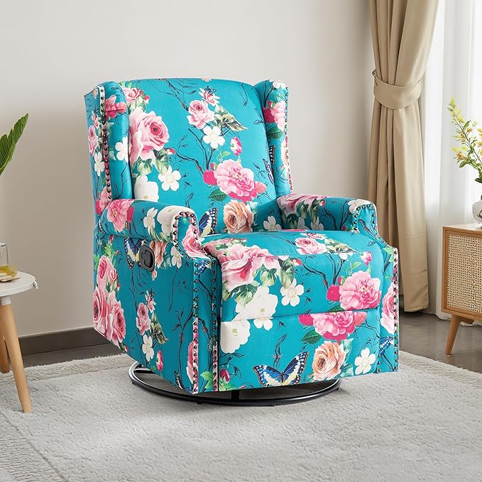 Swivel Rocker Recliner Chair Manual Nursery Glider Recliner Floral Fabric Wingback Accent Chair with Adjustable Backrest &amp Footrest for Small Spaces Living Room Bedroom (Peacock Blue Set of 2)