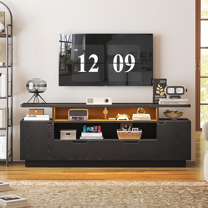 IRONCK TV Stand for TVs 85 inch with Power Outlet and LED Lights Entertainment Center with Storage Cabinets Media TV Console with Drawers Modern TV Stand for Living Room Black
