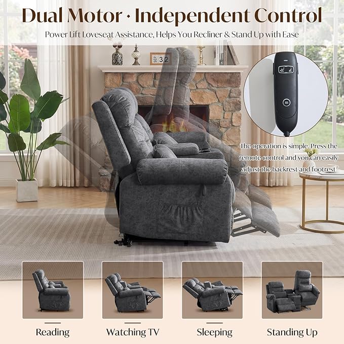 Power Lift Recliner Loveseat Sofa for Elderly Dual Motor Electric Recliner with Massage &amp Heat 2-Seater Velvet Couch with Independent Control Console Cup Holder &amp Power Outlet (Grey 69”)
