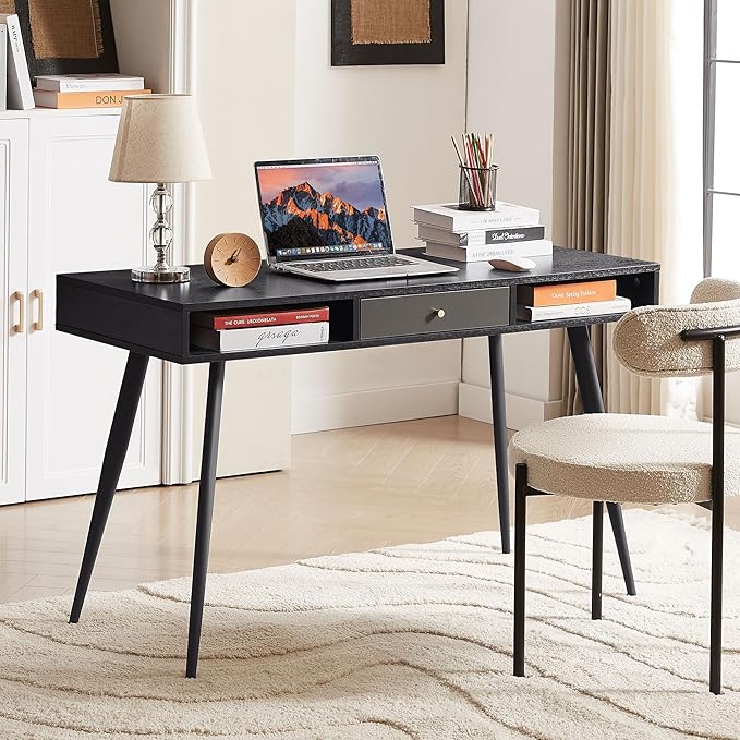JUSTONE 47 Computer Desk for Home Office - Modern Study Desk with Built-in USB Ports &amp Power Outlet - Multi-Functional Writing Desk/Makeup Vanity - Industrial Two-Tone Black Oak &amp Dark Grey F