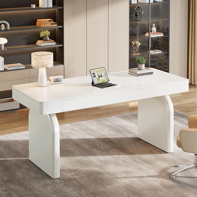 Tribesigns White Desk with Drawers 63-Inch Modern Executive Office Desk Glossy Elegant Work Study Desk Writing Table for Home Office Cream White