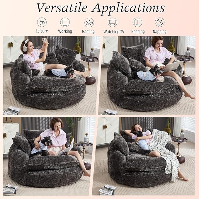 54 Oversized Round Chair Couch Lounge Chaise Indoor Comfy Boneless Sofa for Living Room Cloud Large Circle Couch Chair with 5 Pillows Fluffy Modern Sleeper Sofa Bed for Reading (Dark Grey)