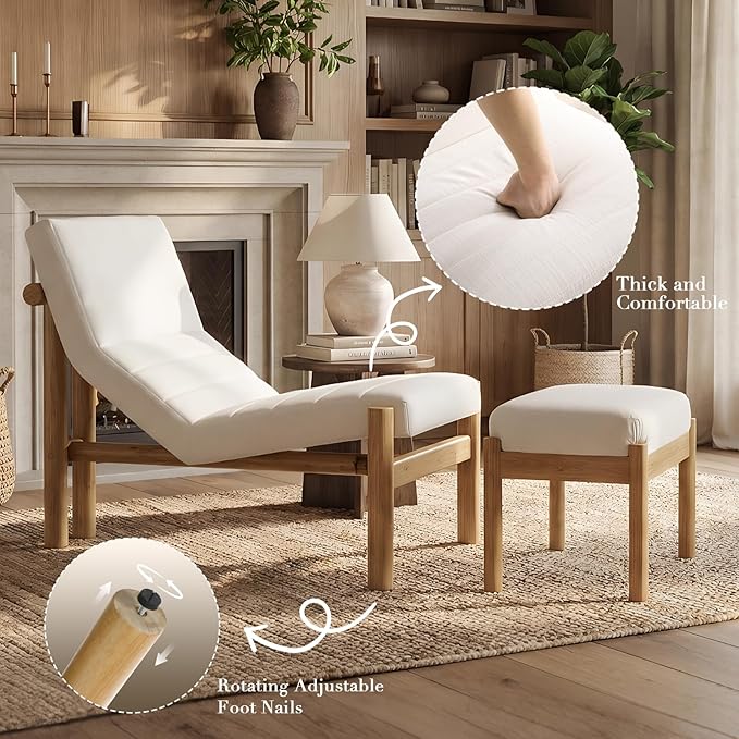 Upholstered Linen Accent Chair and Ottoman Set Modern Living Room Chair with Reclining Backrest and Footstool Small Reading Chairs for Living Room Bedroom Beige