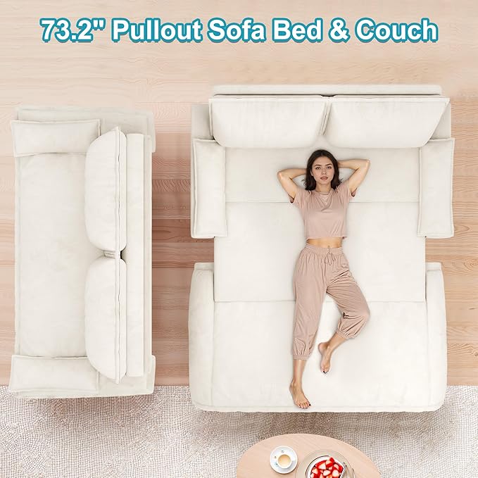 73.2 Inch Queen Size Sleeper Sofa Bed 3 in 1 Convertible Pull Out Couch Velvet Loveseat Sofa Couch Bed with Pillow for Apartment Bedroom Living Room Beige