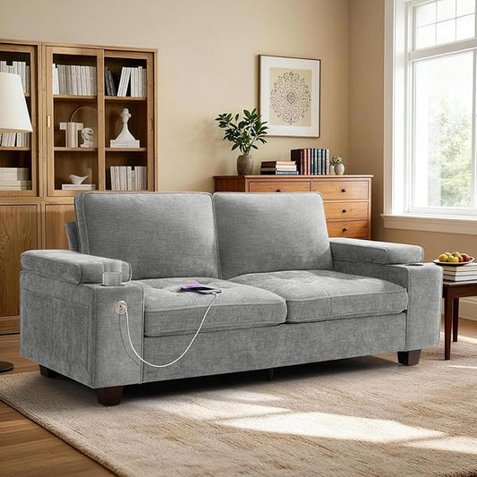 84 Loveseat Sofa for Living Room with USB &amp Type-C Ports Modern Chenille Love Seat Couch Adjustable Storage Armrest Cup Holders Solid Wood Frame Deep Seat for Small Spaces (Gray 84in)