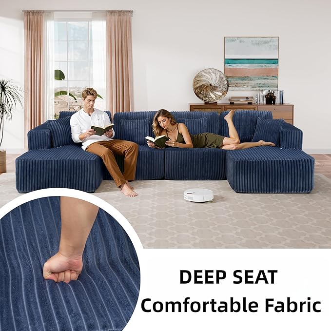132 U Shaped Sectional Couch Large Modular Cloud Couches with Double Chaise Lounge Comfy Corduroy Cloud Sofa with Pillows Boneless Couches for Living Room Blue