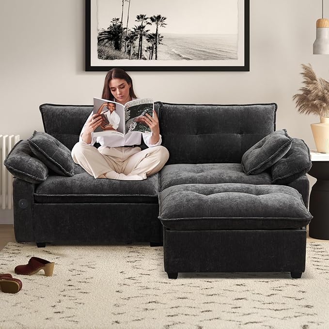 89 Modular Sectional Sofa Comfy Cloud Couch with Movable Ottoman 3-Seat Chenille Deep Seat Sofa with Throw Pillows/USB Ports for Living Room Office and Apartment (Dark Grey)