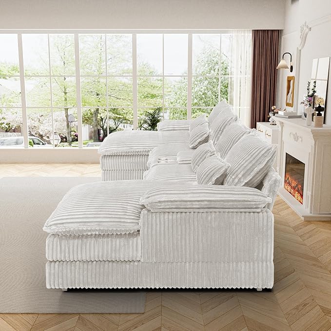 124 Cloud Couch Sectional U Shaped White Sectional Couches for Living Room Plush Soft Comfy Fluffy Corduroy Couch Sectionals Modular Sectional Sofa with Chaise &amp Central Console