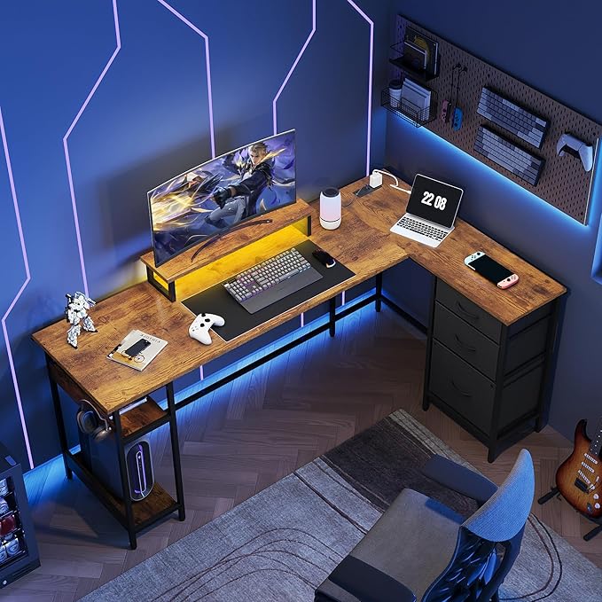 DEVAISE 66 Inches L Shaped Desk with Drawers L Shaped Office Desk with Power Outlets Monitor Stand Computer Table Gaming Desk with LED Light Large Corner Desk for Home Office (White)